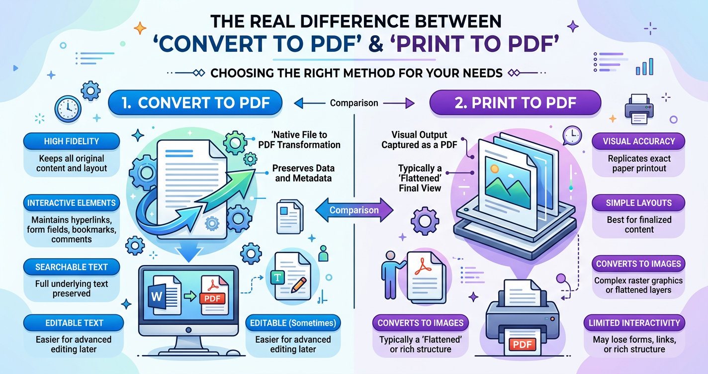 Illustration for article: The Real Difference Between 'Convert to PDF' and 'Print to PDF'