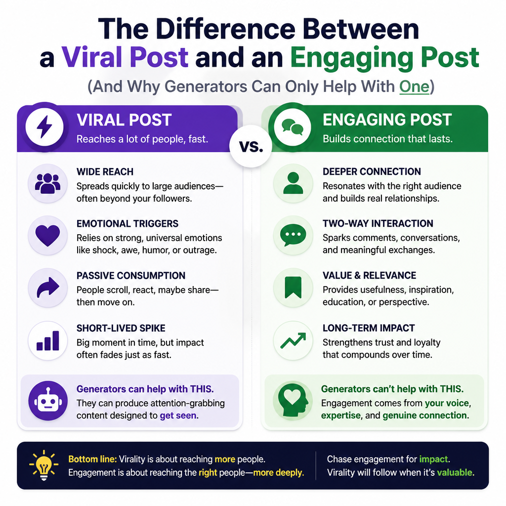 Illustration for article: The Difference Between a Viral Post and an Engaging Post (And Why Generators Can Only Help With One)